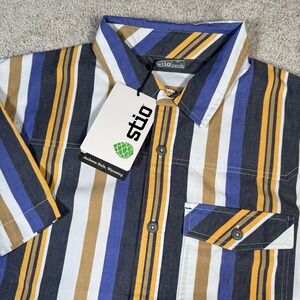 Stio Men's Large Purple Black Golf Stripe Curtis Camp‎ Rodeo Button Up Shirt